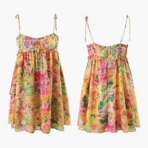 Yellow and Pink Mini Dress with Floral Pattern
